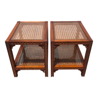Pair Vintage Mid Century Cane & Glass Side/End Tables For Sale