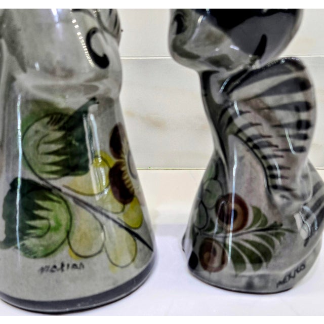 Vintage Tonalá Angel Figurine Pair – Mexican Folk Art Pottery Candlestick & Praying Angel, Hand Painted Floral For Sale - Image 12 of 13