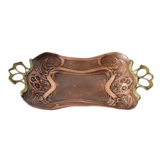 Carl Deffner Style Art Nouveau Embossed Copper Brass Handles Decorative Tray Vintage For Sale