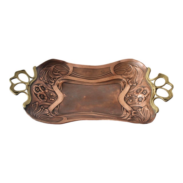 Carl Deffner Style Art Nouveau Embossed Copper Brass Handles Decorative Tray Vintage For Sale