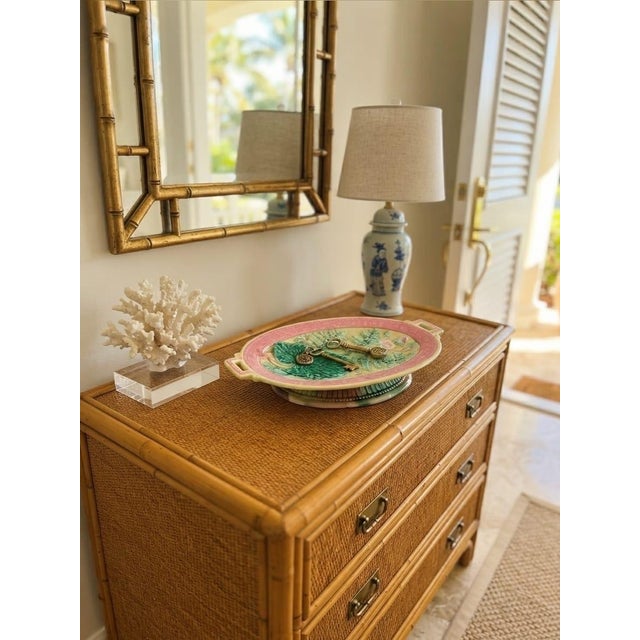 Antique Victorian Majolica Oval Pedestal Dish With Botanical & Greek Key Motif For Sale - Image 11 of 12