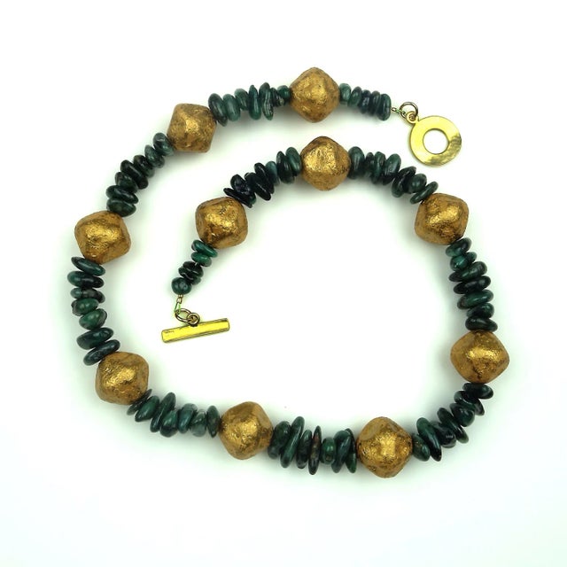 Emerald Chips and Goldy Czech Nugget Necklace For Sale In Raleigh - Image 6 of 10