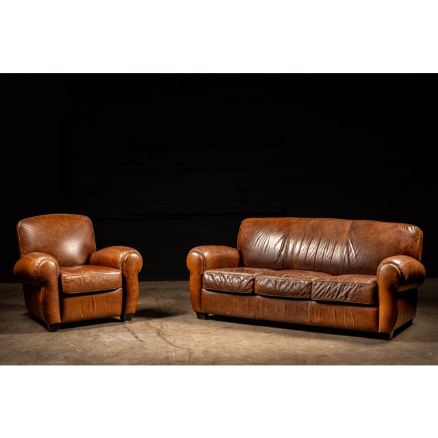 Animal Skin Vintage Leather Club Sofa in Brown For Sale - Image 7 of 7
