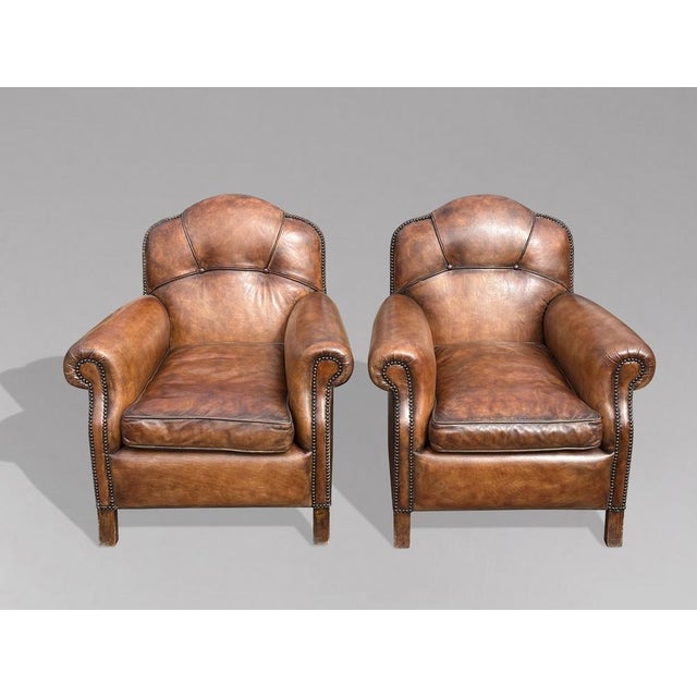 Brown Vintage French Leather Club Chairs, 1960, Set of 2 For Sale - Image 8 of 8