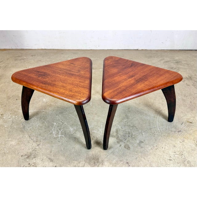 Mid Century Modern George Nakashima Style Mahogany Triangular Tripod Stool For Sale - Image 9 of 12