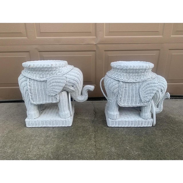 1970s White Wicker Rattan Elephant Garden Stools or Side Tables, Pair For Sale - Image 4 of 10