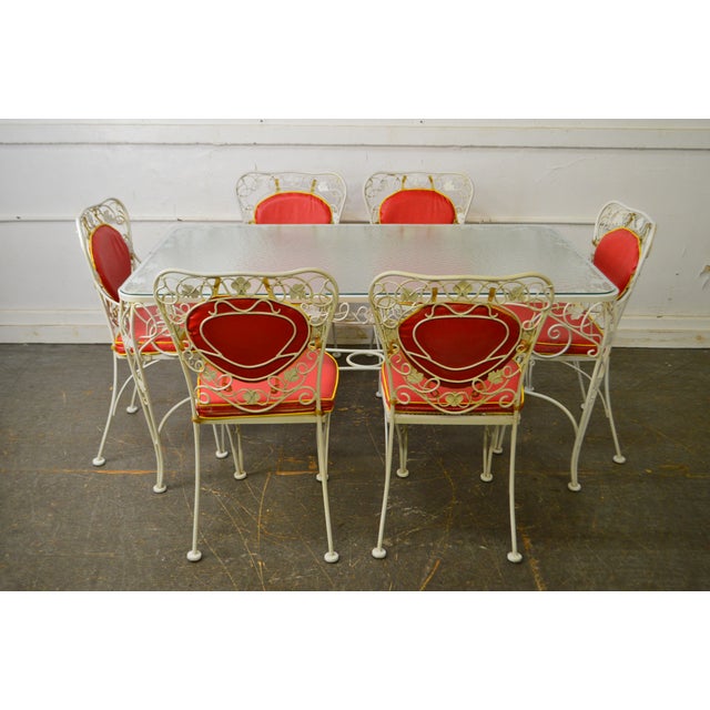 Vintage Wrought Iron Glass Top Table & 6 Chairs Patio Dining Set by Champion Chairish