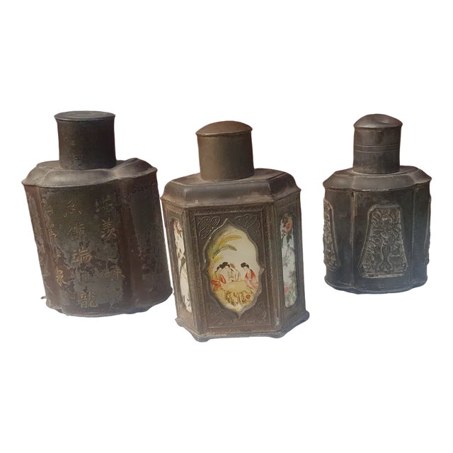 Ancient Chinese Pewter Tea Caddy, Set of 3 For Sale