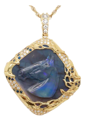 Vintage 18k Gold, Black Opal, Sapphire, & Diamond Carved Horse Pendant