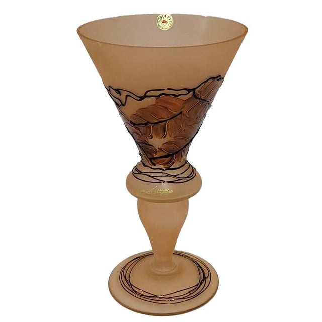 Amber Vintage 14” Italian Frosted Amber Art Glass Trumpet Vase - Art Nouveau Style For Sale - Image 8 of 12