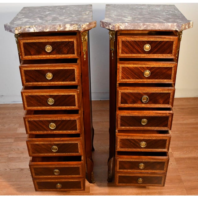 Brown 1900s Pair Antique French Louis XV Walnut & Satinwood Marble Top Lingerie Stands For Sale - Image 8 of 12