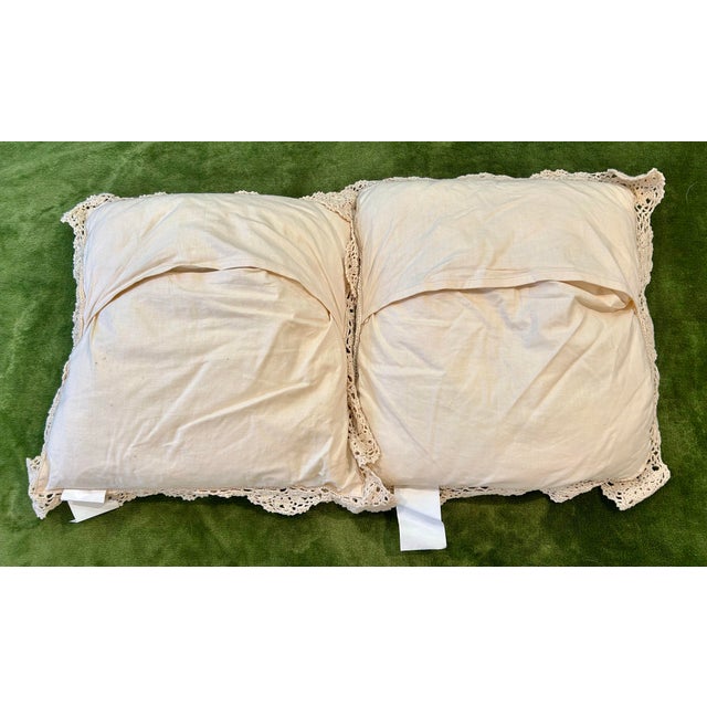 Vintage Pair Accent Pillows Crochet Lace and Rosette Overlay Cotton in Ivory Cream For Sale - Image 4 of 4
