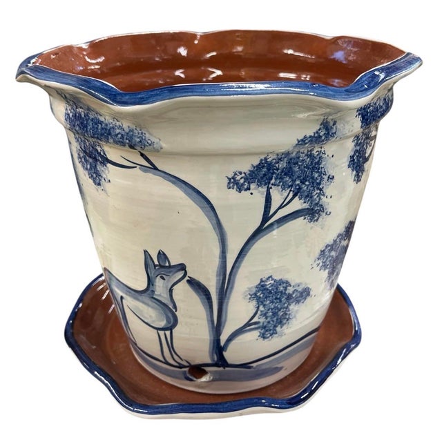 Hand-Painted Italian Style Ceramic Planter & Saucer With Animal & Botanical Motif For Sale - Image 4 of 12