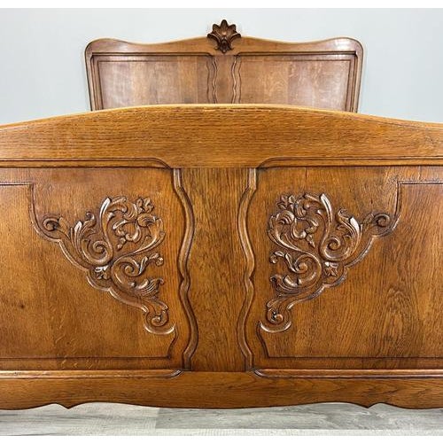 Vintage French Louis Style Oak Double Bed Frame with Carved Headboard For Sale - Image 5 of 16