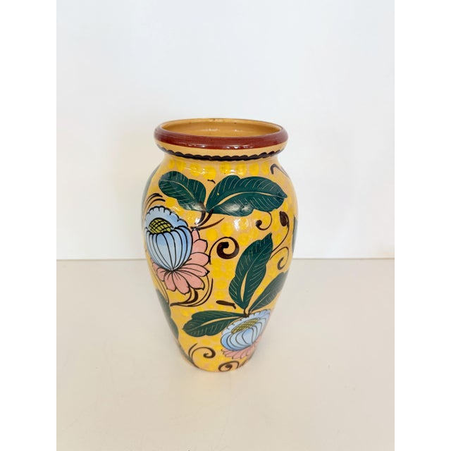 Art Deco Yellow Glazed Earthenware Vase with Floral Motifs, Italy, 1930s For Sale - Image 10 of 10