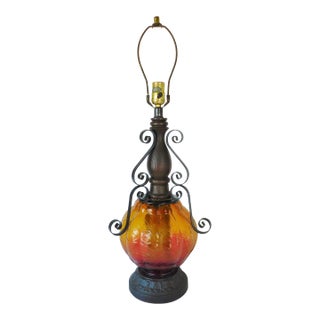 Vintage 3-Way Spanish Revivial Wrought Iron Wood & Amberina Glass Table Lamp For Sale