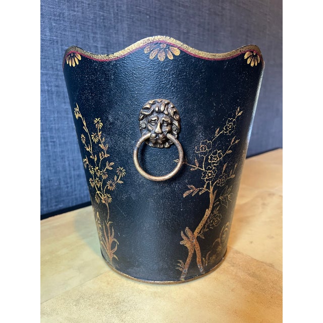 Mid 20th Century Italian Tole Chinoiserie Wastebasket Cache Pot With Lions Head Detail and Scalloped Edge Hand Painted For Sale In New York - Image 6 of 10