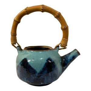 Vintage Modern Pottery Earthware Blue Tea Kettle Bamboo Handle