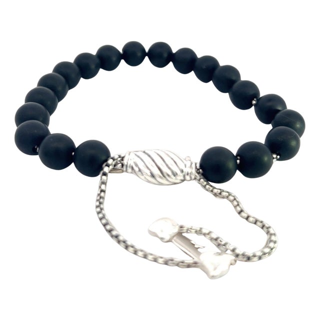 1990s David Yurman Estate Matte Onyx Beads Bracelet 6.6 - 8.5" Silver 8 mm For Sale