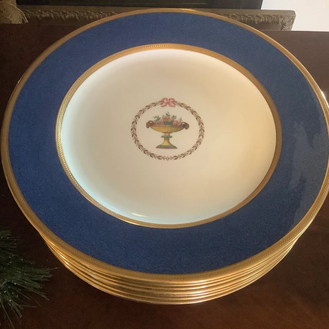 American Set of 12 Spode Copelands Cobalt Dinner Plates, Acid Etched Gold For Sale - Image 3 of 13