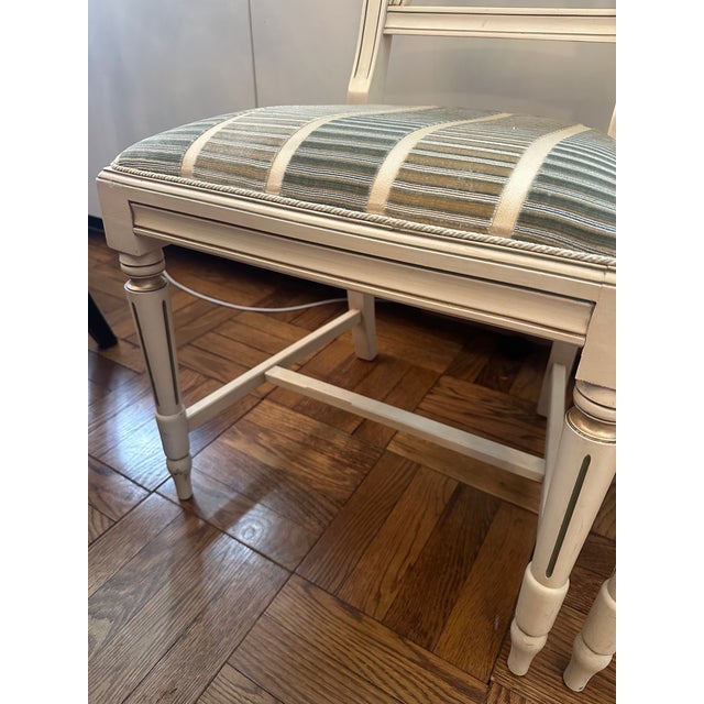 Two Bellman Chairs, White Lacquered With Gold Cilding, New Upholstered Seats and Chair Ties For Sale - Image 12 of 15