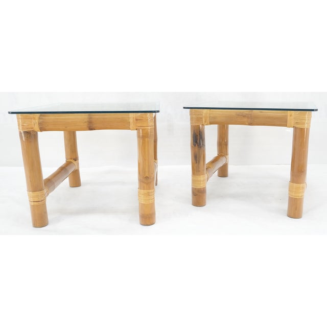 Pair Thick Bamboo Glass Top Rectangle Glass Top End Side Lamp Tables MINT For Sale - Image 11 of 18