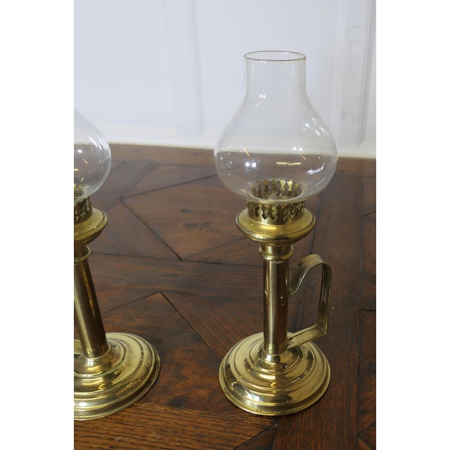 Pair of Brass Candlesticks with Glass Chimneys Wall or Table Chamber Sticks either way these are beautiful looking pieces,...