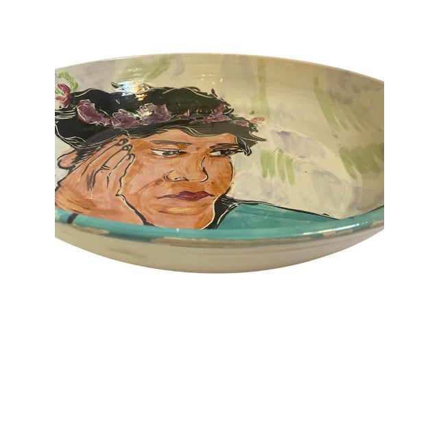 Extra Large Vintage Decorative Glazed Pottery Bowl Depicting a Woman With Floral Crown, Signed Spirt Circa 1990’s For Sale In Philadelphia - Image 6 of 11