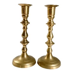 Early 20th Century Brass Beehive Style Candlestick Holders- a Pair