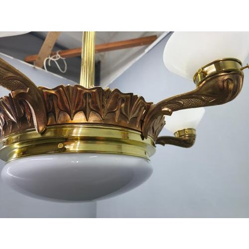 Art Deco Brass Chandelier with Glass Shades, Czechoslovakia, 1930s For Sale - Image 13 of 17