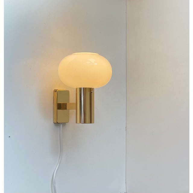 Vintage Scandinavian Brass Wall Lamp with Opaline Glass Mushroom Shade, 1960s For Sale - Image 10 of 10