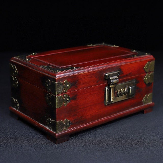 Asian Vintage Redwood Jewelry Box With Combination Lock and Brass Mounts For Sale - Image 3 of 10