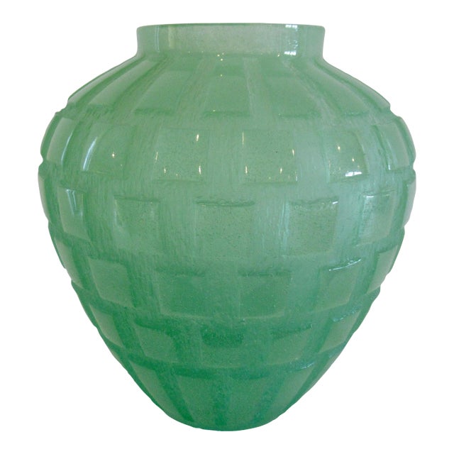 Daum France Crystal "Pate De Crystal," Celadon Green Geometric Raised Relief "Rhythmns," Vase/Vessel For Sale