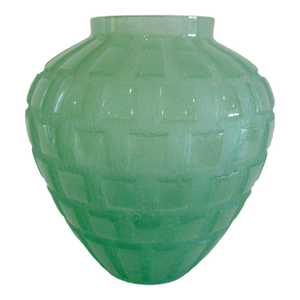 Daum France Crystal "Pate De Crystal," Celadon Green Geometric Raised Relief "Rhythmns," Vase/Vessel