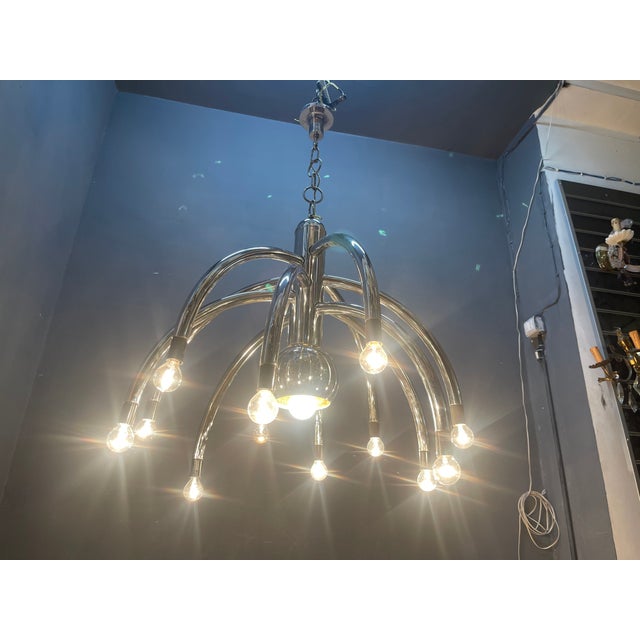 1970s Vintage Space Age Chrome 13-Light Chandelier attributed to Goffredo Reggiani, 1970s For Sale - Image 5 of 14