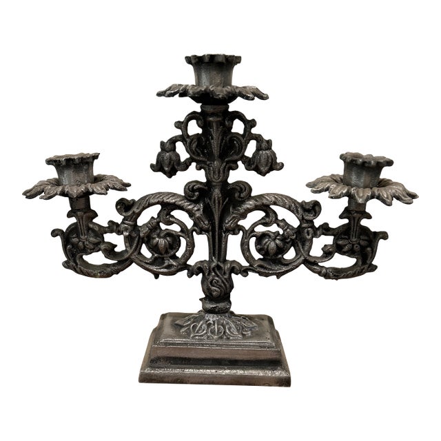 Vintage Art Nouveau Triple French Gothic Candelabra Candle Holder For Sale