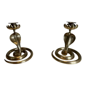 Cobra Candlesticks in Chiseled Bronze - a Pair