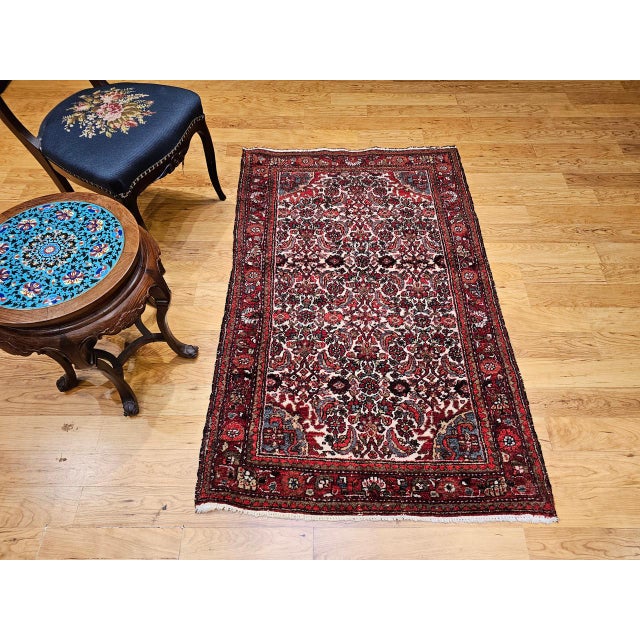 Persian Vintage Persian Malayer Area Rug, Hand-Knotted Wool, Geometric Pattern, 3x5, Ivory & Red For Sale - Image 3 of 13