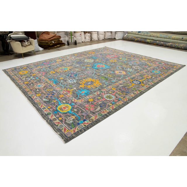 Contemporary Multicolored Floral Oushak Style Wool Rug Handmade in Gray For Sale - Image 4 of 9