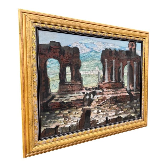A striking signed oil on panel by Dutch-American artist Jan Hoowij (1907–1987) depicting the romantic ruins of an ancient...