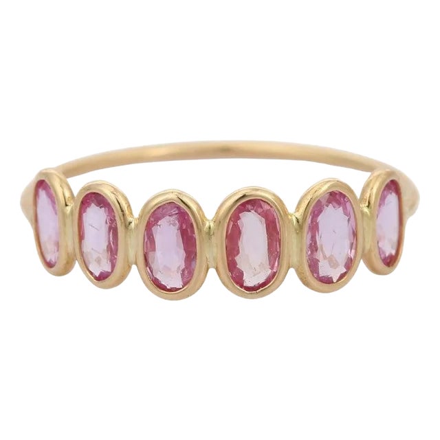 18k Yellow Gold Pink Sapphire Half Eternity Ring Band Size 7 For Sale