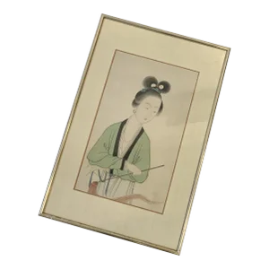 Vintage Hand Painted Geisha Portrait on Silk, Circa 1940s