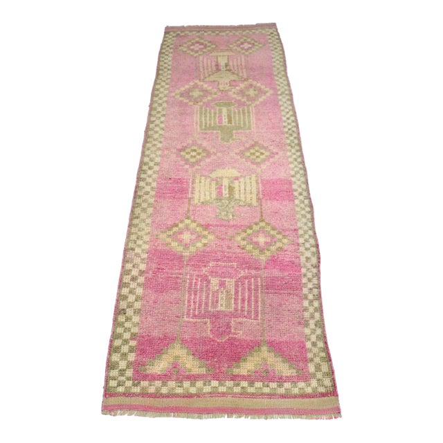 Vintage Pink Color Corridor Handmade Wool Runner For Sale