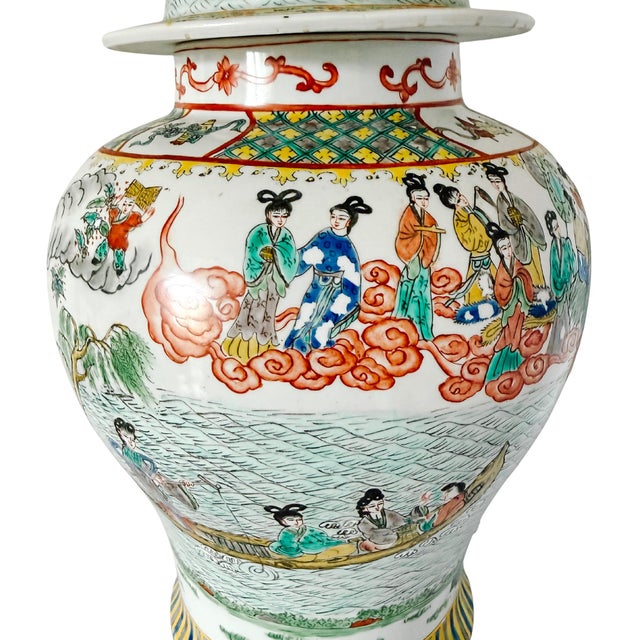 Large Vintage Chinese Famille Verte Wucai Temple Jar & Cover, Immortals Scene For Sale In San Diego - Image 6 of 8