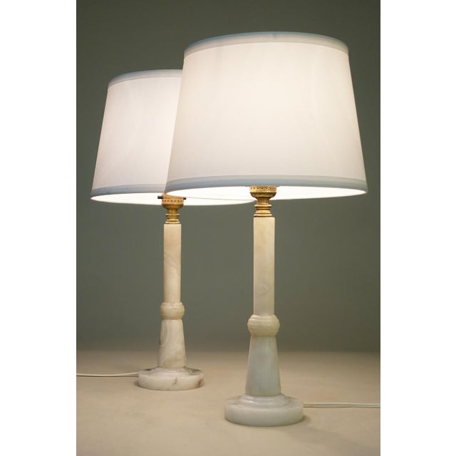 Art Deco 1930s Art Deco Streamline Alabaster Marble Brass Candlestick Table Lamps Italy - a Pair For Sale - Image 3 of 13
