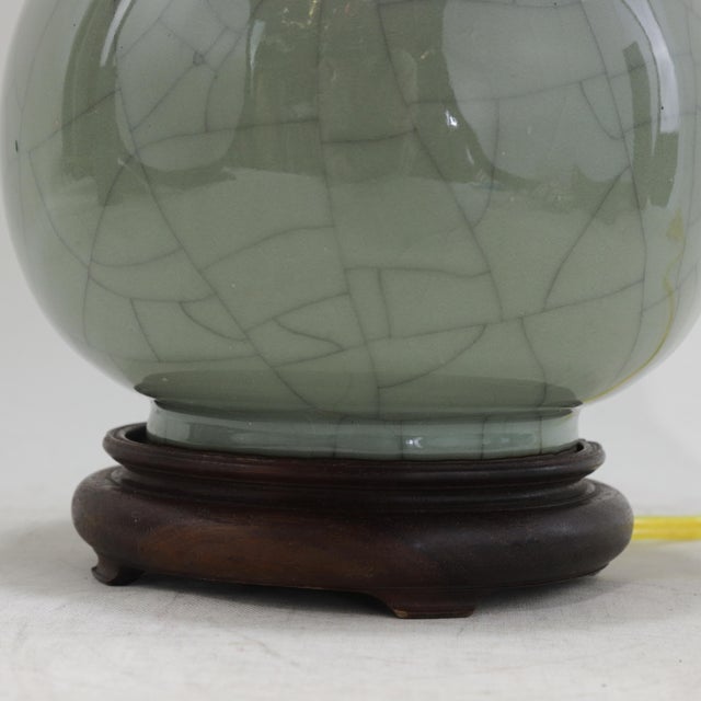 Vintage Celadon Crackle Glaze Porcelain Table Lamp Bottle Vase With Rosewood Base For Sale - Image 10 of 12