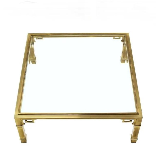 1970s Greek Key Square Brass Glass Top Coffee Table Mastercraft For Sale - Image 5 of 6