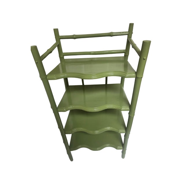 Green 1970s Calke‑Green High‑Gloss Étagère • Bamboo‑Style Shelving • Chinoiserie Coastal For Sale - Image 8 of 9