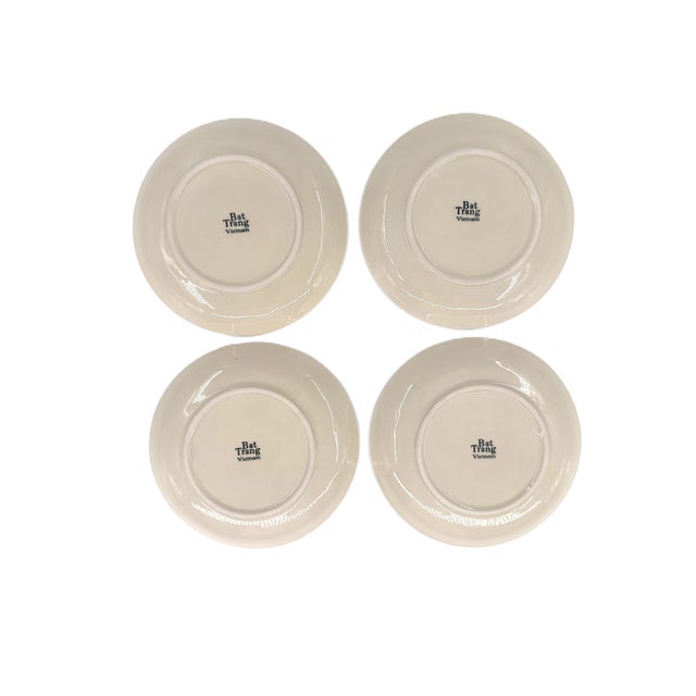 Yellow Set of 4 Bat Trang Vietnamese Ceramic Dessert/Salad Plates With Yellow and Blue Hand Painted Floral Motifs For Sale - Image 8 of 8