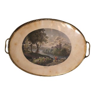 19th Century French Napoleon III Hand Painted Oval Brass Tray For Sale